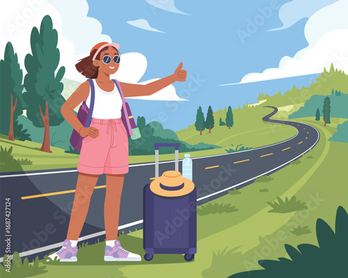 Vibrant flat vector illustration of a cheerful young woman hitchhiking on a scenic road trip adventure