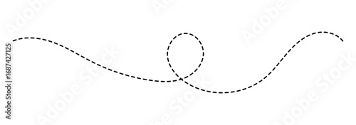 Hand drawn squiggle line. Trip dashed trace destination track path line collection. Long dashed spiral wavy line. Curve dotted line. Border design, traveling symbol, divider element