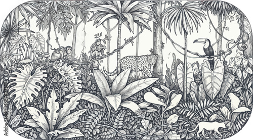 A detailed black and white illustration depicting a vibrant jungle scene with a leopard, toucan, and monkey amidst lush tropical foliage.