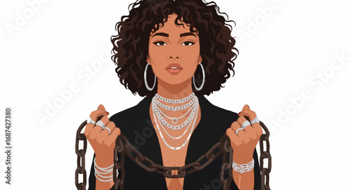 A freedom-loving and self-confident woman, wearing rings and jewelry, broke the chains that symbolize strength and independence.