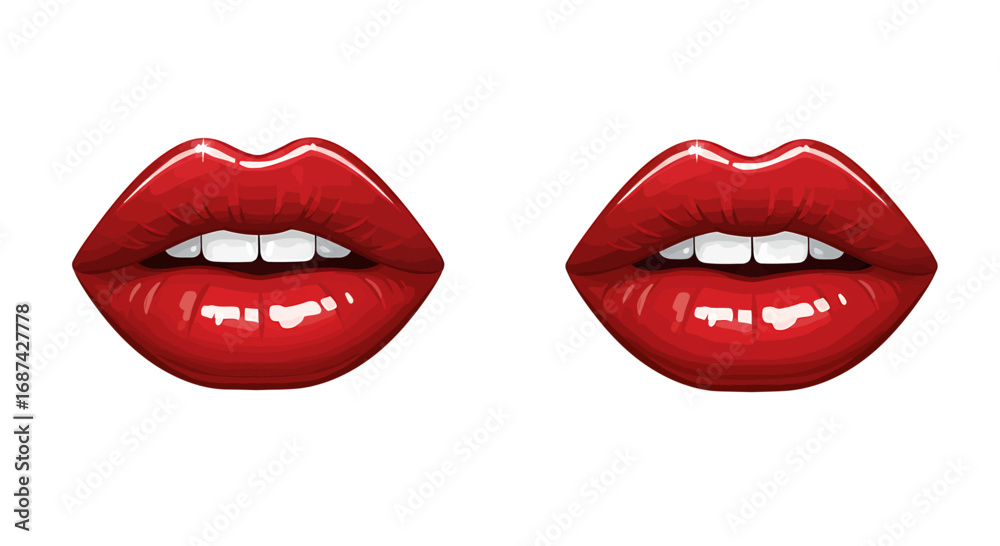 Obraz premium Two glossy, vibrant red lips, side-by-side, showcasing perfect teeth and a seductive appearance.