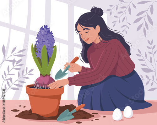 A flat vector illustration of a young woman potting a beautiful purple hyacinth flower indoors