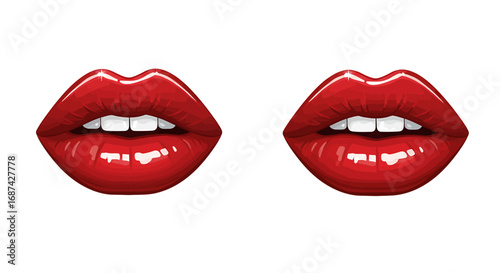 Two glossy, vibrant red lips, side-by-side, showcasing perfect teeth and a seductive appearance.