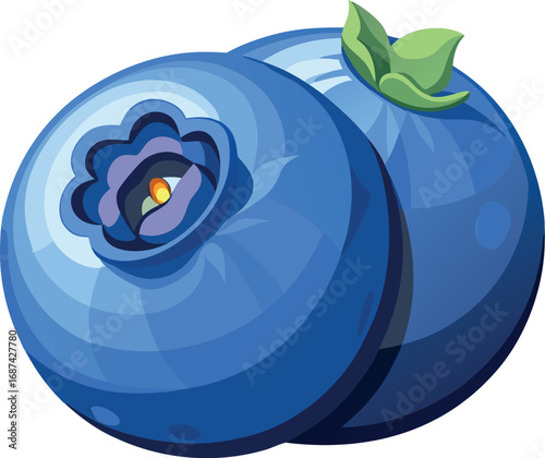 Vector vector art of two ripe blueberries with green leaves, transparent background