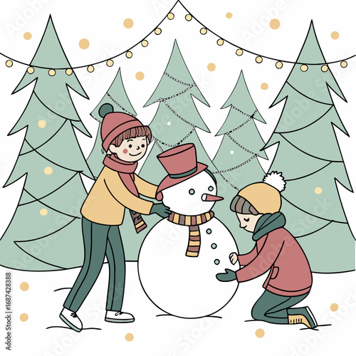 Two children building a cheerful snowman in a whimsical winter wonderland full of holiday cheer