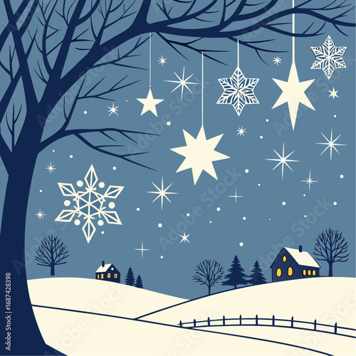 Charming winter night scene with stars and snowflakes hanging from a bare tree branch