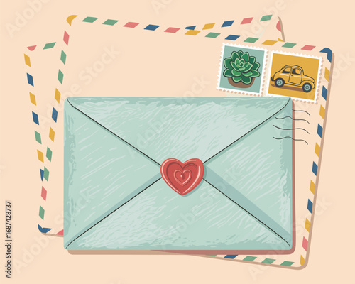 Vintage Envelope with Heart Wax Seal, Stamps, and Botanical Illustrations