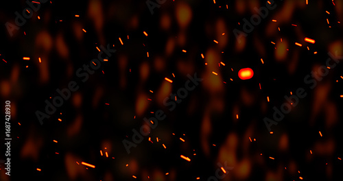 Realistic surreal ember fire dust slowly rising up with smoke in black. Grunge dark fire sparks flying isolated. Overlay spark tiny flake burning animation. Hell rising burst inferno. Fire burst dust.