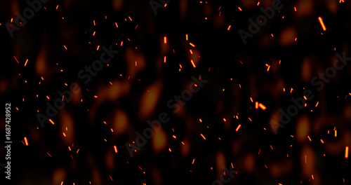 Realistic surreal ember fire dust slowly rising up with smoke in black. Grunge dark fire sparks flying isolated. Overlay spark tiny flake burning animation. Hell rising burst inferno. Fire burst dust.