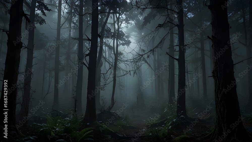 Fototapeta premium A dark and spooky forest with tall trees shrouded in a thick, mysterious fog at night, creating an eerie background. Horror landscape concept