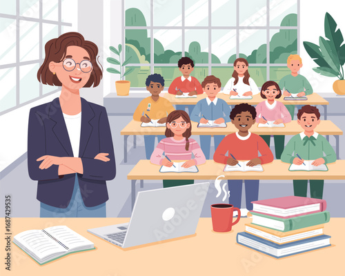 Happy female teacher standing in front of a diverse class of elementary students learning together