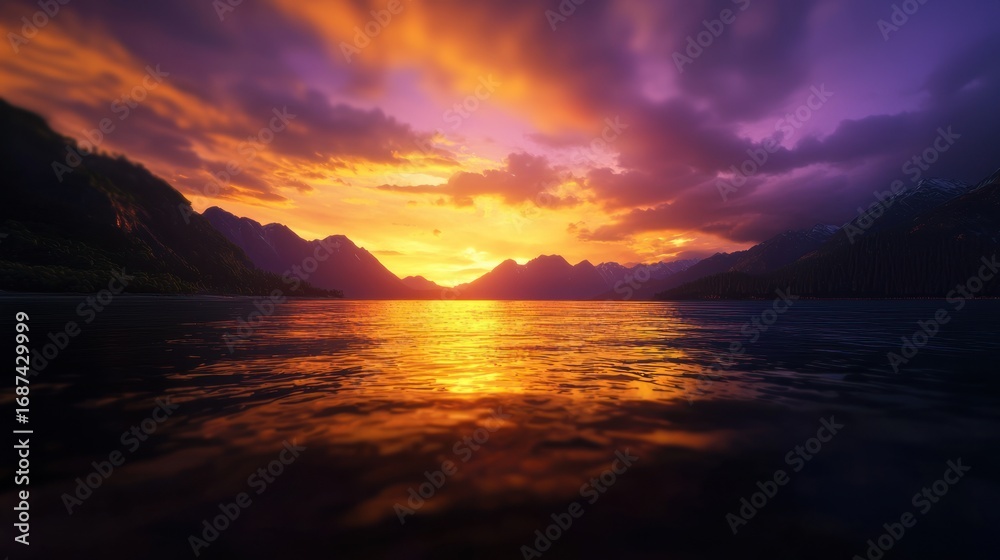 Naklejka premium A breathtaking sunset illuminates the lake and mountain range with vibrant colors.