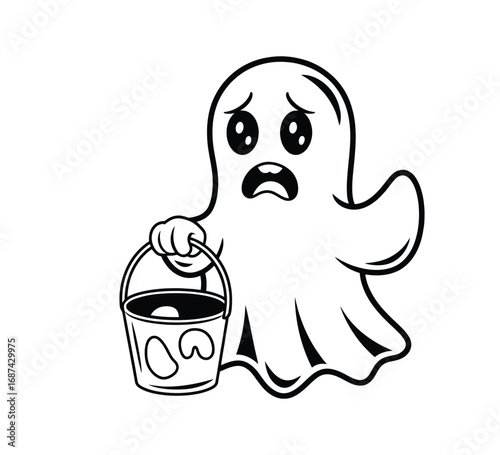 Cartoon upset woman ghost holding broken candy bucket vector illustration isolated on white background
