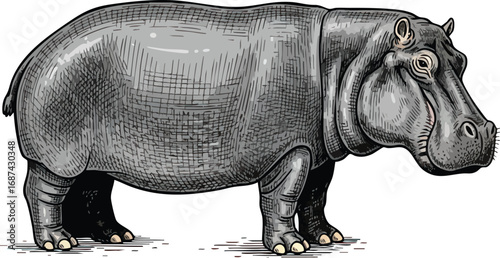 A detailed engraving-style illustration of a hippopotamus standing, showcasing its large size and distinctive features.