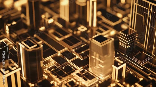 Futuristic cityscape emerging from circuit board, embracing the digital era