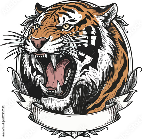 Illustration of a roaring tiger head with visible fangs, set within a decorative circular frame and a blank banner below.