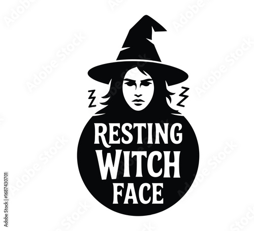 “Resting Witch Face” badge with upset woman silhouette vector illustration isolated on white background