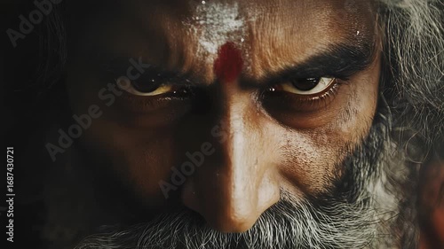 Intense Close-Up Portrait of an Indian Sadhu with Tilak, Featuring Piercing Gaze and Graying Beard