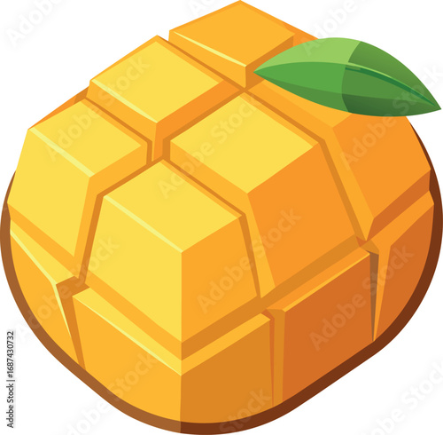 Vector vector art of stylized illustration of a ripe mango, segmented into cubes, with a green leaf, transparent background