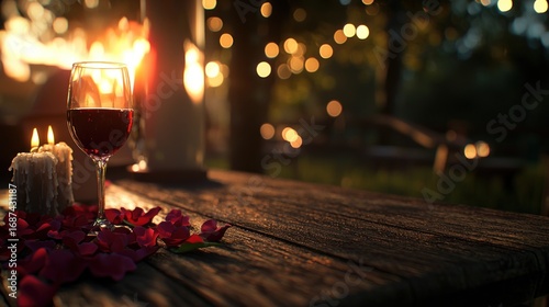 Intimate outdoor romantic evening setup with a glass of red wine, flickering candles, and rose petals on a rustic table, bathed in a soft, enchanting glow