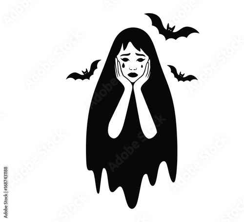 Ghost woman silhouette in sad pose with bats flying vector illustration isolated on white background