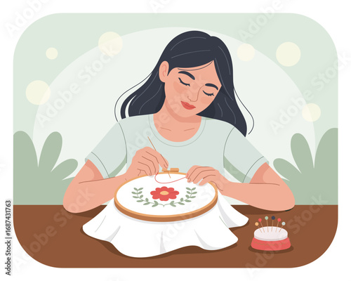Creative Woman Engrossed in Hand Embroidery, Crafting a Charming Floral Pattern with Needle and Thread