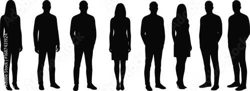 Group of business people silhouettes standing together, teamwork concept, professional staff, office employees, corporate team, black vector illustration