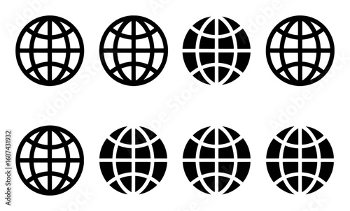 A collection of eight black and white globe icons arranged in two rows
