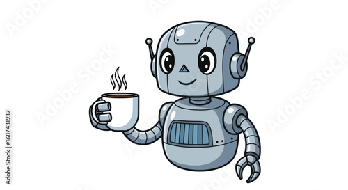 A cute, smiling cartoon robot character holding a steaming hot cup of coffee.