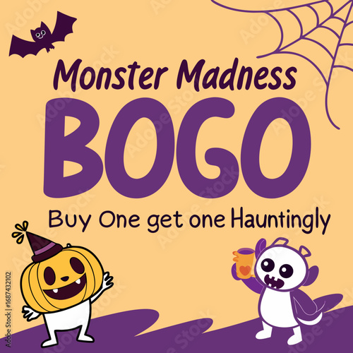 Halloween bogo sale monster madness spooky season buy one get one hauntingly cute pumpkin bat and monster deal