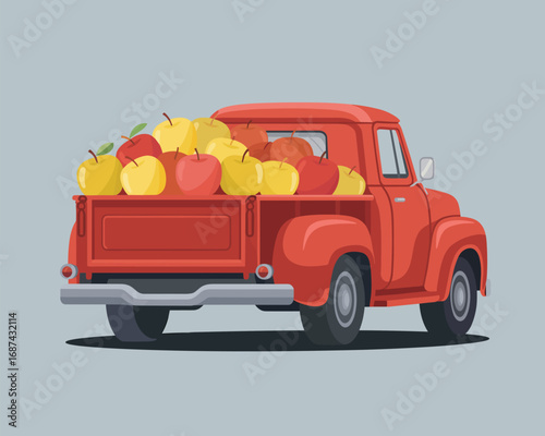 Vintage Red Truck Bed Overflowing with Fresh Apples for Autumn Harvest