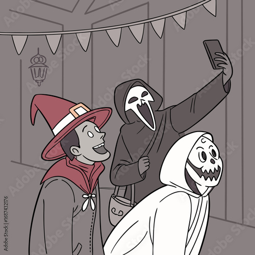 Halloween celebration with friends in costumes taking a selfie at a spooky halloween party event scene