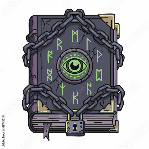 Cursed Halloween Spell Book Vector Illustration with Glowing Runes and Chains