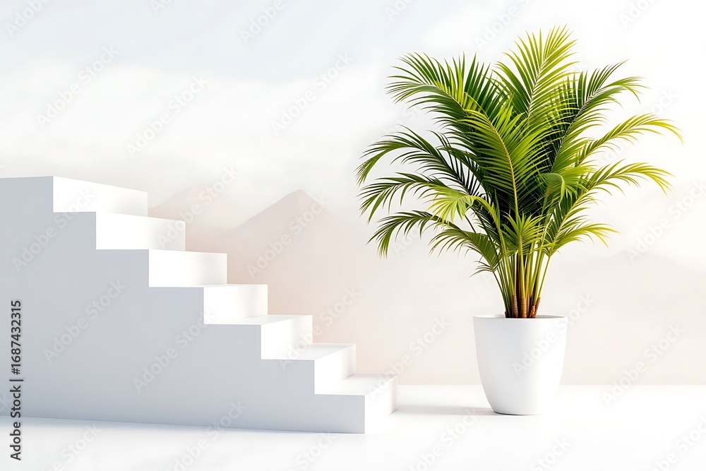 Fototapeta premium White Staircase and Palm Plant in Minimalist Interior Setting