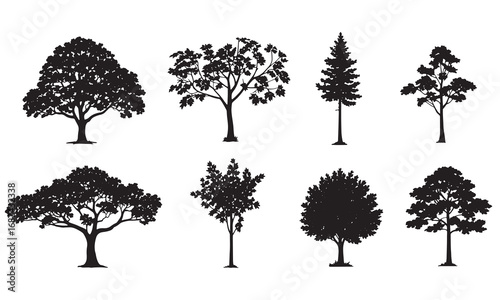 Collection of diverse silhouetted trees in various shapes and sizes for nature design elements white background