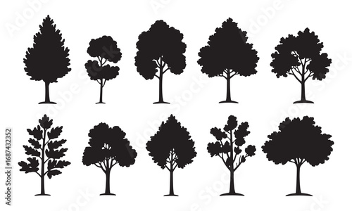 Diverse collection of silhouette trees showing various shapes and foliage varieties white background