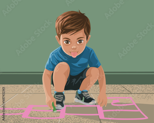 A young boy drawing hopscotch on the ground with chalk, childhood fun
