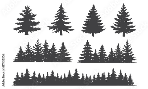 Collection of diverse evergreen pine fir tree silhouettes for winter forest scenery white background
