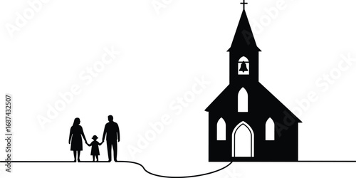 Silhouette of Family Walking to Church, Christian Worship Concept, Parents and Child, Sunday Service, Faith, Religion, Spiritual Journey Together