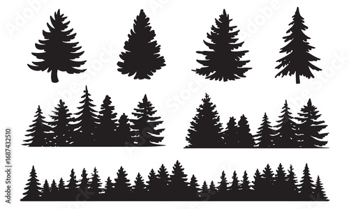 Diverse pine forest silhouettes for rustic nature designs and evergreen woodland scenes white background