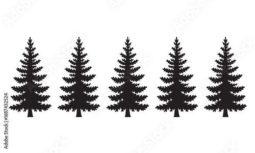 Row of black pine trees silhouettes isolated on for winter and nature designs white background