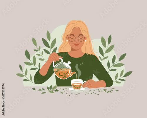 A relaxed woman pouring tea into a cup surrounded by nature's bounty