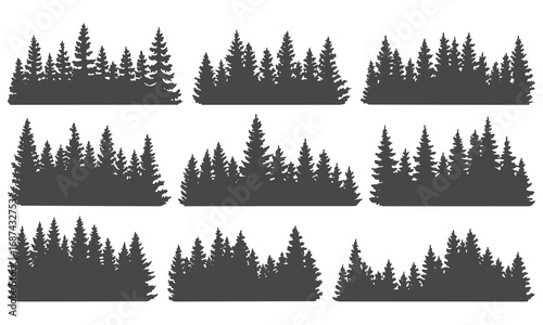 Collection of detailed black silhouette forest tree line designs for nature scenes white background