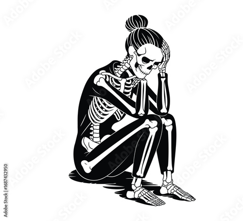 Skeleton upset woman sitting with head in hands vector illustration isolated on white background