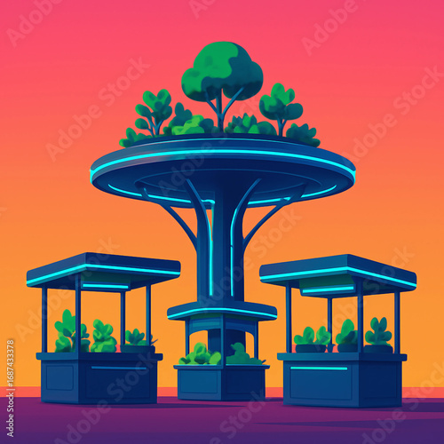 Futuristic eco-market concept with glowing neon stalls and a central tech-tree pavilion under a vibrant sunset sky