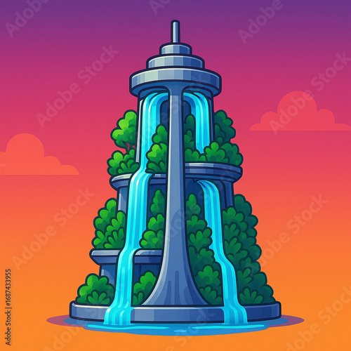 Stylized vector art of a solarpunk building, a vertical garden oasis with cascading waterfalls