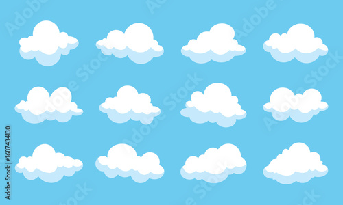Cartoon flat white clouds set on blue background. Fluffy white cartoon clouds. Vector set of cartoon flat clouds illustration. Clouds