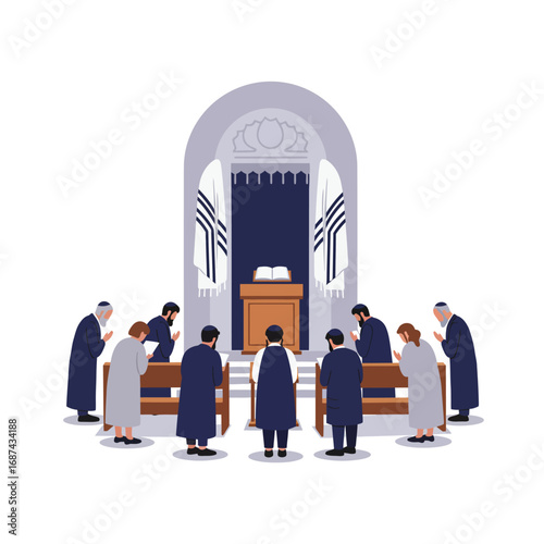 Jewish Congregation Praying in Synagogue.