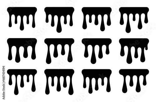 A Grid of Twelve Black Dripping Paint or Liquid Shapes on a White Background