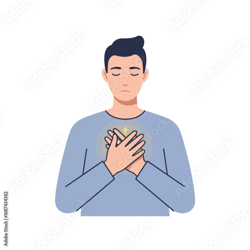 Man Meditating with Hands on Chest.